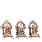 Pure Brass Ganesha, Lakshmi, Saraswati Idol Set with Meenakari Stonework - 8